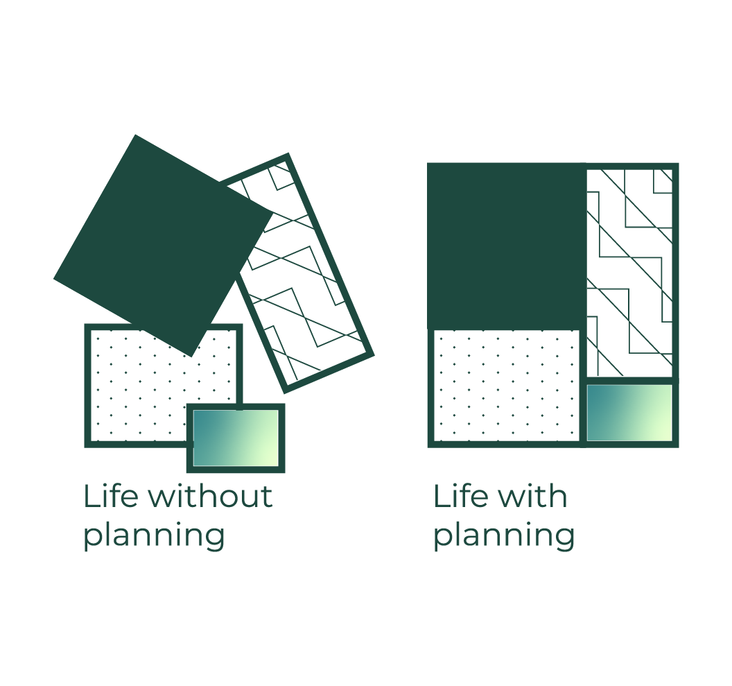 Illustrations of chaos and order, showing the benefits of life with planning